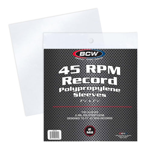 BCW 45 RPM Vinyl Record Sleeves, 2 Mil Polypropylene, Clear, 100 Count
