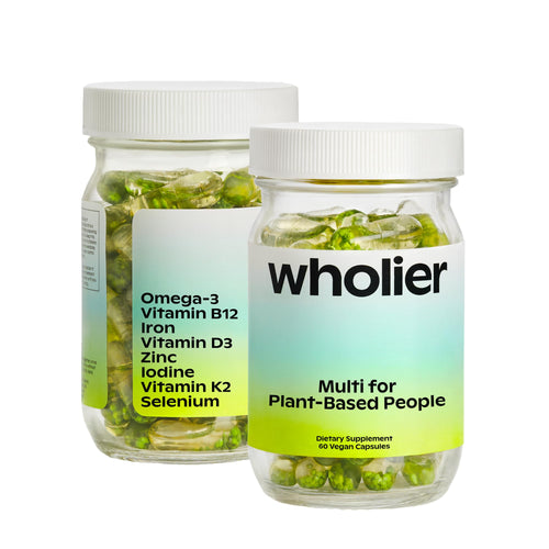 Wholier Multi for Plant Based People, Vegan DHA Omega 3 B12 Iron, 60 Capsules