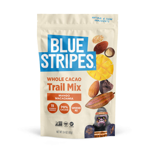 Blue Stripes Trail Mix with 70% Chocolate, Almonds, Macadamia and Mango, 6.4 oz