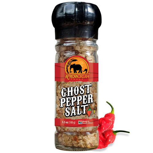 African Dream Foods Ghost Pepper Salt Seasoning with Reusable Grinder, 3.5 oz