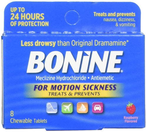 Bonine Motion Sickness Chewable Tablets, Raspberry, 8 Count