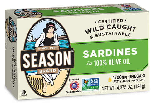Season Sardines in Pure Olive Oil, 4.375 oz Tin