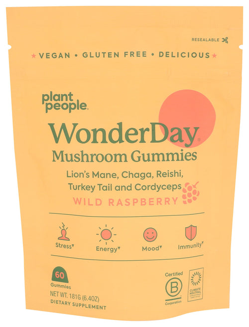 Plant People WonderDay Mushroom Gummies, Raspberry, 60 Count