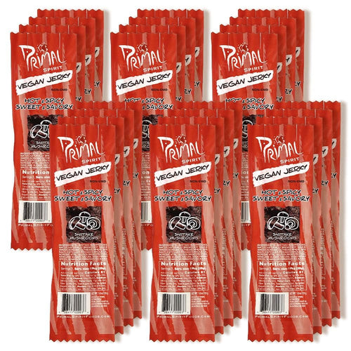 Primal Spirit Vegan Jerky, Shiitake Mushroom Hot & Spicy-Sweet & Savory, 1 oz (Pack of 24)