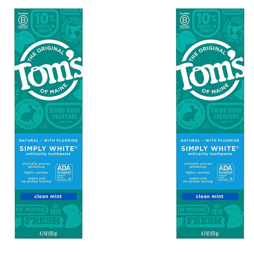 Tom's of Maine Simply White Fluoride Toothpaste, Clean Mint, 4.7 oz (Pack of 2)