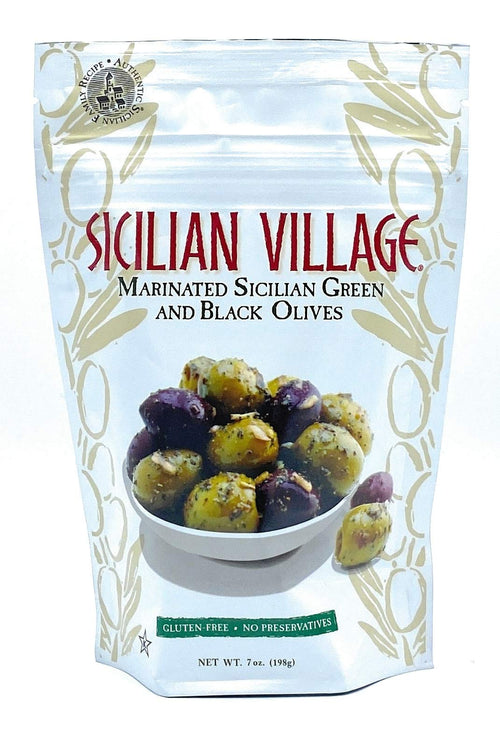 Sicilian Village Marinated Green and Black Olives, 7 oz