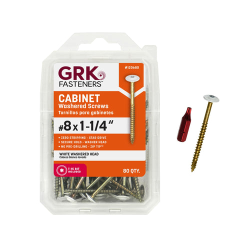 GRK Low-Profile Cabinet Washered Screws, #8 x 1-1/4", White, 80 Count