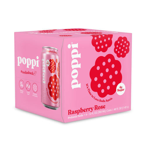 Poppi Raspberry Rose Prebiotic Soda, 12 fl oz (Pack of 4)