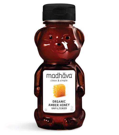 Madhava Organic Amber Honey, Unfiltered, 12 oz Honey Bear (Pack of 6)