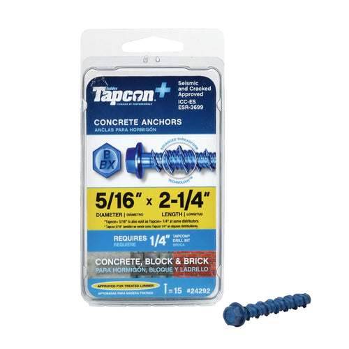 Tapcon+ Heavy-Duty Hex Head Concrete Anchors, 5/16 x 2-1/4", 15 Count