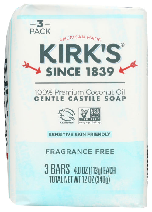 Kirk's Castile Bar Soap, Fragrance Free, 4 oz Bars (Pack of 3)