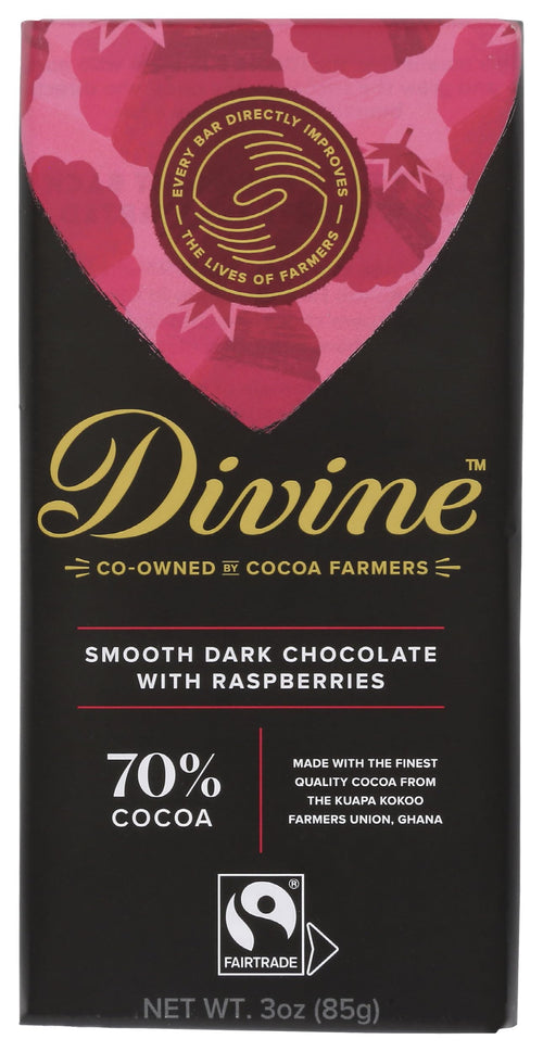 Divine Chocolate Dark Chocolate Bar with Raspberries, 70%, 3 oz