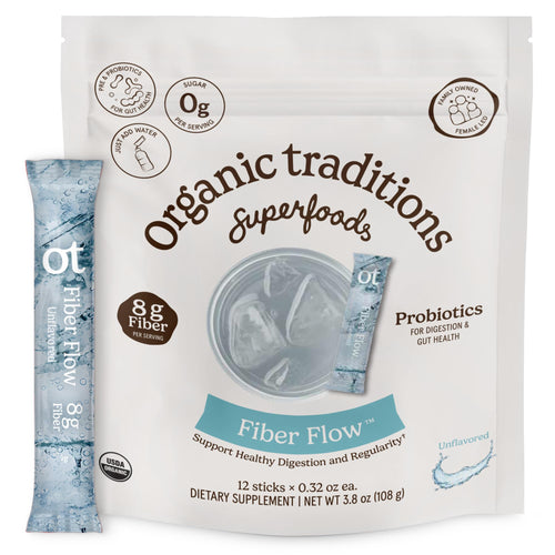 Organic Traditions Fiber Flow Sticks, Unflavored Prebiotic Blend, 12 Count