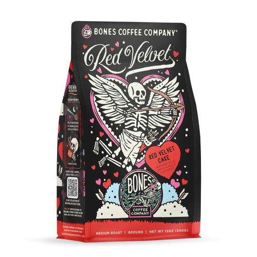 Bones Coffee Company Red Velvet Cake Flavored Coffee, Medium Roast, 12 oz