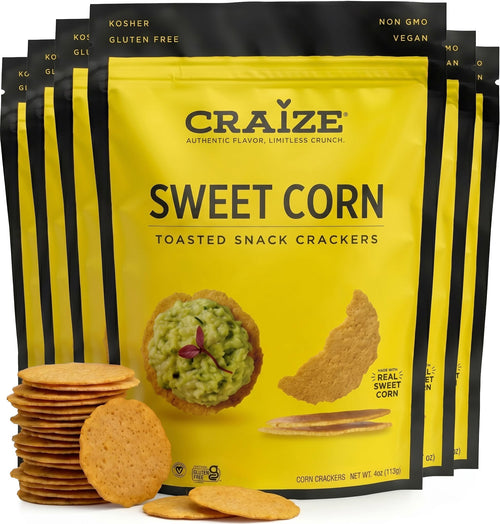 Craize Sweet Corn Crisps, Toasted Corn Crackers, 4 oz (Pack of 6)