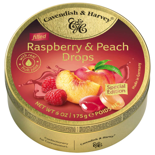 Cavendish & Harvey Raspberry and Peach Filled Hard Candy Drops, 6 oz Tin