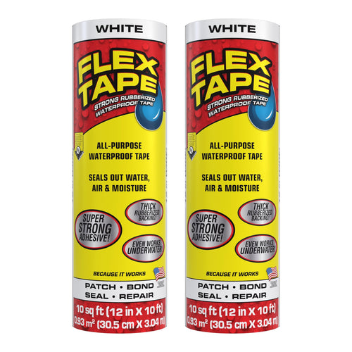 Flex Tape Strong Rubberized Waterproof Tape, White, 12 in x 10 ft (Pack of 2)