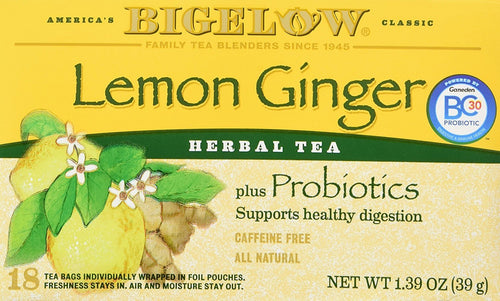 Bigelow Classic Lemon Ginger Herbal Tea Plus Probiotics, 18 Bags (Pack of 3)