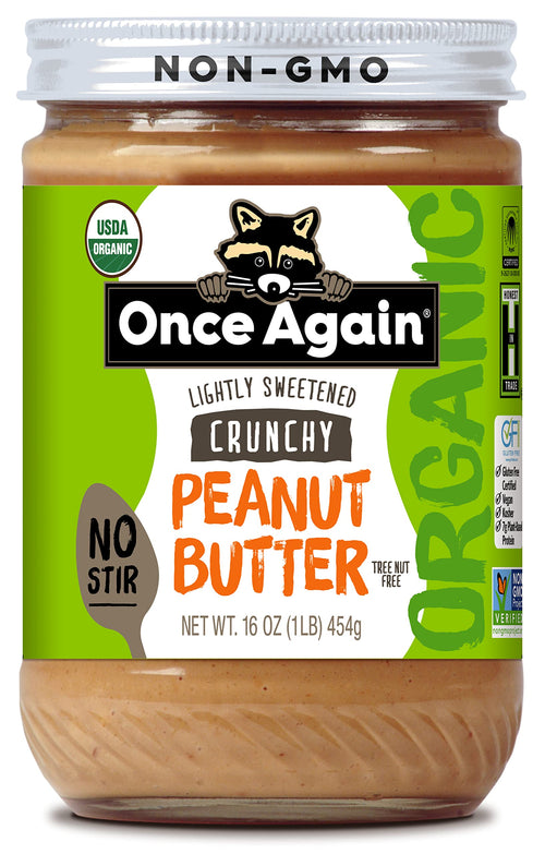Once Again Organic Crunchy Peanut Butter, American Classic, 16 oz Glass Jar