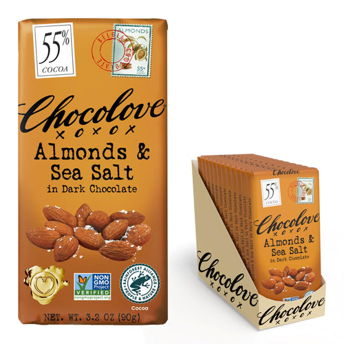 Chocolove Almonds & Sea Salt Dark Chocolate Bar, 55% Cocoa, 3.2 oz (Pack of 12)