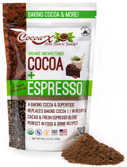 CocoaX Organic Dutch Processed Cocoa Powder with Espresso Powder, 8 oz