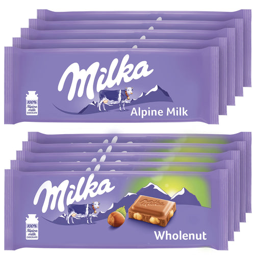 Milka Chocolate Bars Variety Pack, Alpine Milk and Hazelnut, 3.52 oz (10 Count)