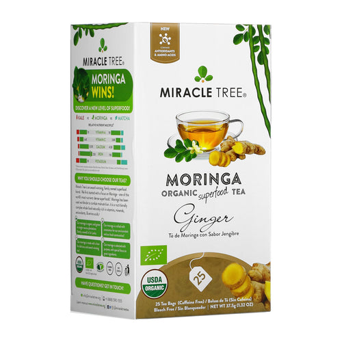 Miracle Tree Organic Moringa Tea, Ginger, Caffeine-Free, 25 Bags