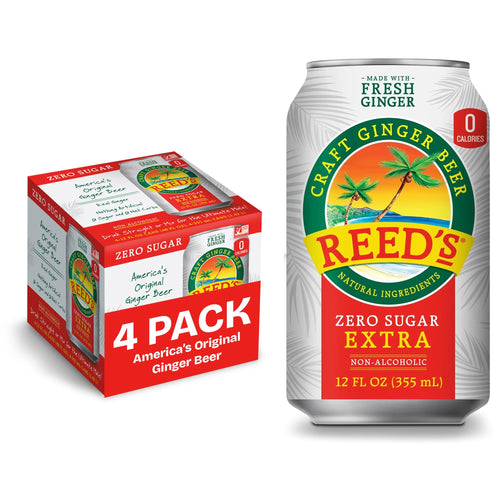 Reed's Zero Sugar Extra Ginger Beer, 12 fl oz Cans (Pack of 4)
