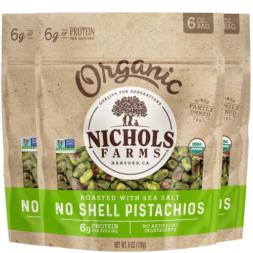 Nichols Farms Organic Roasted Pistachios with Sea Salt, No Shell, 6 oz (Pack of 3)