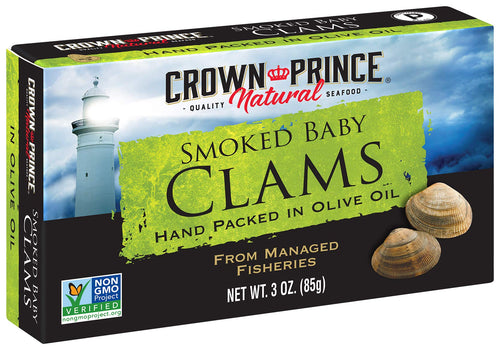 Crown Prince Natural Smoked Baby Clams in Olive Oil, 3 oz (Pack of 12)