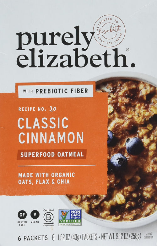 Purely Elizabeth Superfood Vegan Oatmeal, Classic Cinnamon, 6 Packets, 9.12 oz