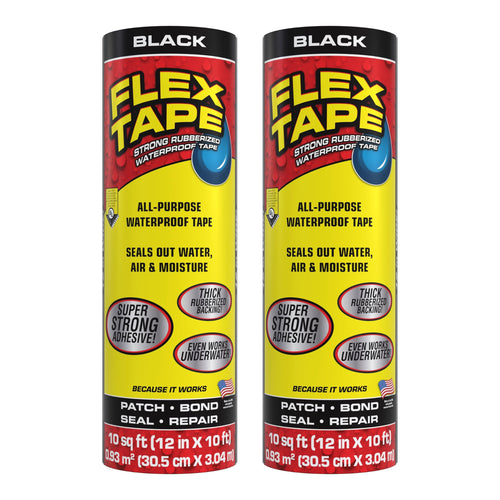 Flex Tape Strong Rubberized Waterproof Tape, Black, 12 in x 10 ft (Pack of 2)