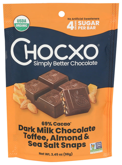 Chocxo Snaps Dark Milk Chocolate Toffee Almond 69% Organic, 3.45 oz