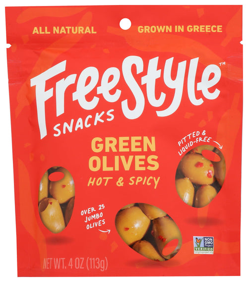 Freestyle Snacks Hot Spicy Green Olives, 4 oz