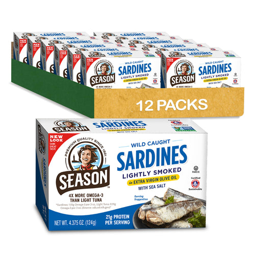 Season Sardines in Extra Virgin Olive Oil, 4.37 oz Tins (Pack of 12)