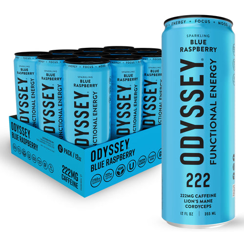 Odyssey Functional Energy Drink, Blue Raspberry, 222 mg Caffeine (Pack of 12)