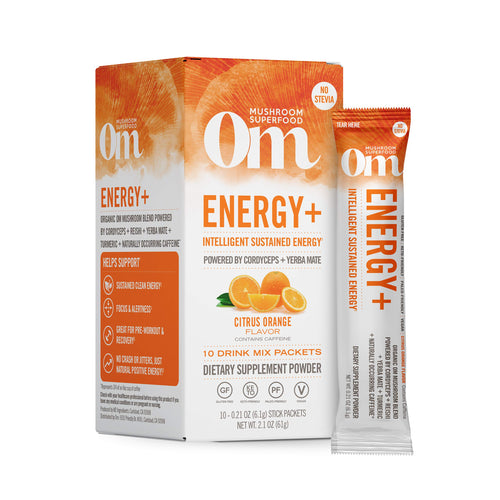 OM Mushroom Superfood Energy Plus Mushroom Powder Drink Mix, Citrus Orange, 10 Count