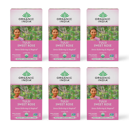 Organic India Tulsi Sweet Rose Herbal Tea, 18 Infusion Bags (Pack of 6)