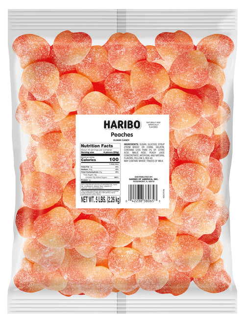 Haribo Peaches Sugar Coated Gummy Candy, 5 lb Bulk Bag