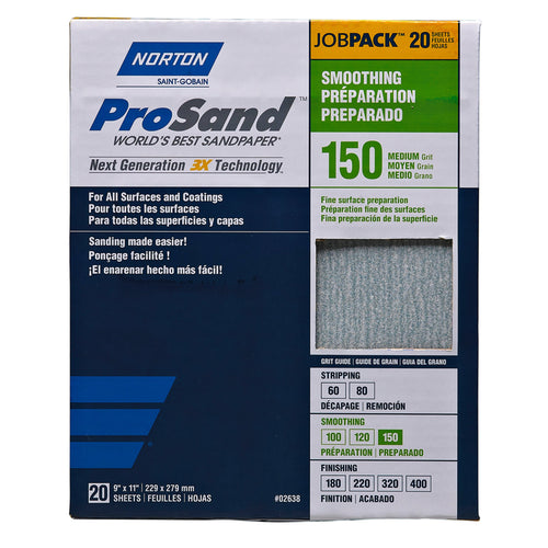 Sandpaper Sheets, 9 x 11 in., 150 Grit, 3X Job Pack (20 Sheets)