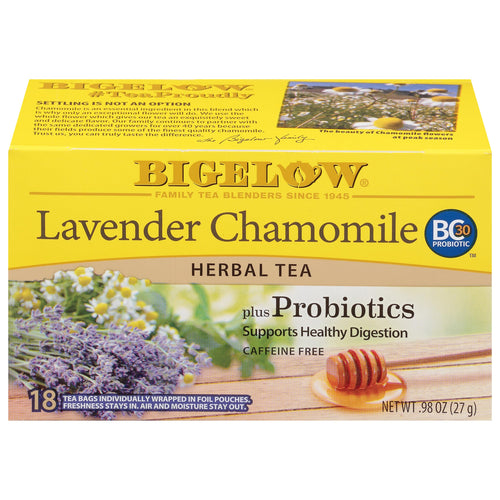Bigelow Lavender Chamomile plus Probiotic Herbal Tea, Caffeine Free, 18 Count