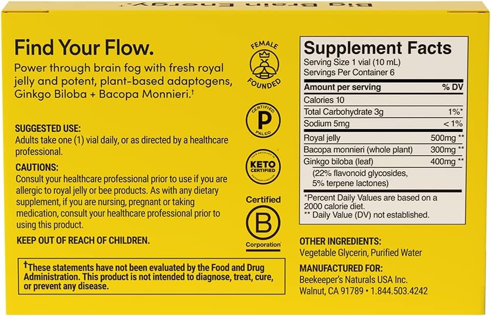 Beekeeper's Naturals B.LXR Brain Fuel - Memory, Focus and Clarity Liquid Formula, Supports Productivity - Royal Jelly, Ginkgo Biloba, Bacopa Monnieri - Keto Friendly, Gluten & Caffeine-Free