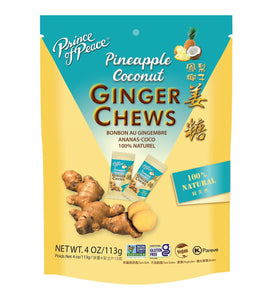 Prince of Peace Pineapple Coconut Ginger Chews – Candied Ginger – 4 oz. bag – Candy Pack – Natural Candy – Healthy Snack – Vegan and Gluten-Free