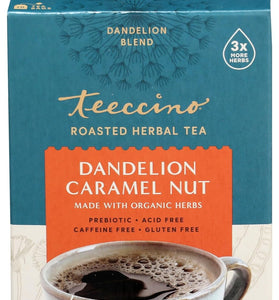 Teeccino Dandelion Caramel Nut Tea - Caffeine Free, Roasted Herbal Tea with Prebiotics, 3x More Herbs than Regular Tea Bags, Gluten Free - 10 Tea Bags