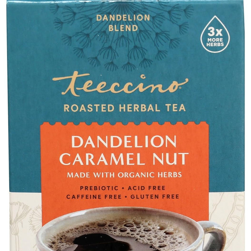 Teeccino Dandelion Caramel Nut Tea - Caffeine Free, Roasted Herbal Tea with Prebiotics, 3x More Herbs than Regular Tea Bags, Gluten Free - 10 Tea Bags