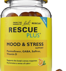 RESCUE Bach Plus Mood & Stress Support Gummies, Daytime Dietary Supplement with Passionflower, GABA, Saffron & Vitamin D, Natural Orange Flavor, Vegan & Gluten-Free, 60 Count
