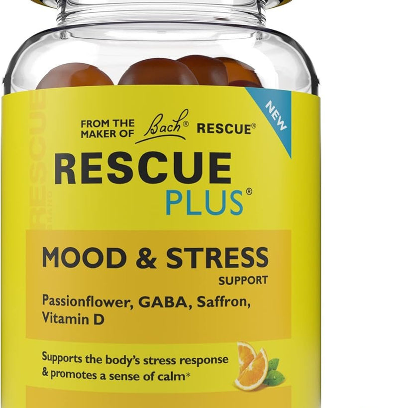 RESCUE Bach Plus Mood & Stress Support Gummies, Daytime Dietary Supplement with Passionflower, GABA, Saffron & Vitamin D, Natural Orange Flavor, Vegan & Gluten-Free, 60 Count