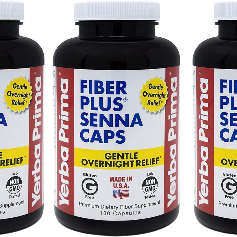 Yerba Prima Fiber Plus Senna Capsules, 180 Count (Pack of 3) - 118 Servings of Gentle Overnight Relief, USA Made, Non-GMO, Certified Gluten-Free, for Short-Term Use to Restore Regularity