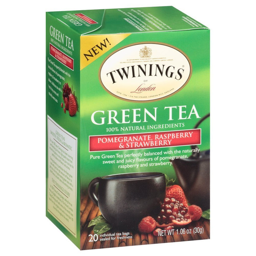 Twinings Green Tea with Pomegranate, Raspberry, and Strawberry - Caffeinated Green Tea Bags Individually Wrapped, 20 Count (Pack of 2)