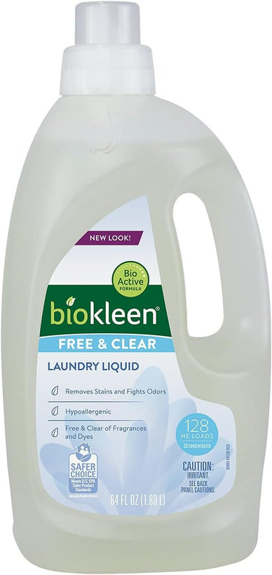 Biokleen Laundry Detergent Liquid, Concentrated, Eco-Friendly, Non-Toxic, Plant-Based, No Artificial Fragrance, Free & Clear, Unscented, 64 Ounces - 128 HE Loads/64 Standard Loads